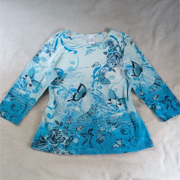 Y2K Grunge Butterfly Graphic T-Shirt Women's XL Blue Sparkly Print 3/4 Sleeve - Picture 2 of 8